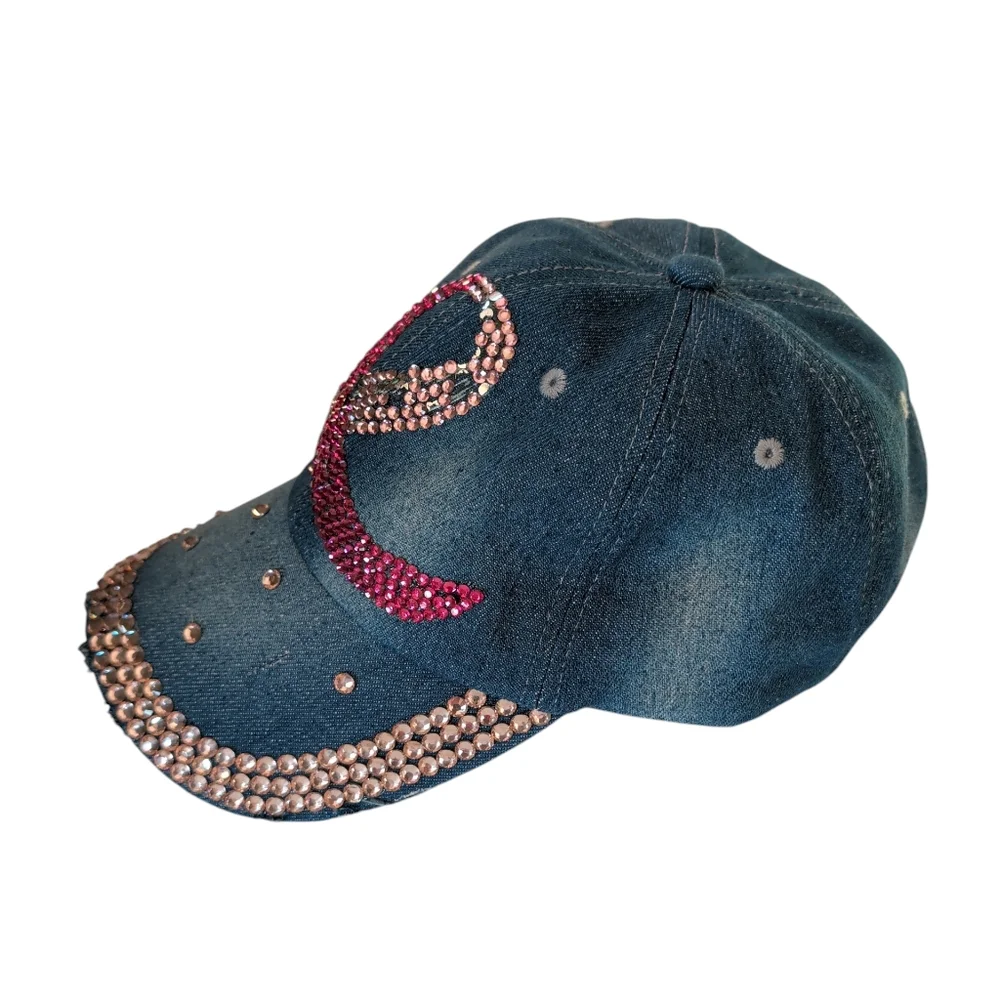 Distressed Pink Ribbon Breast Cancer Awareness Blue Denim Cap
